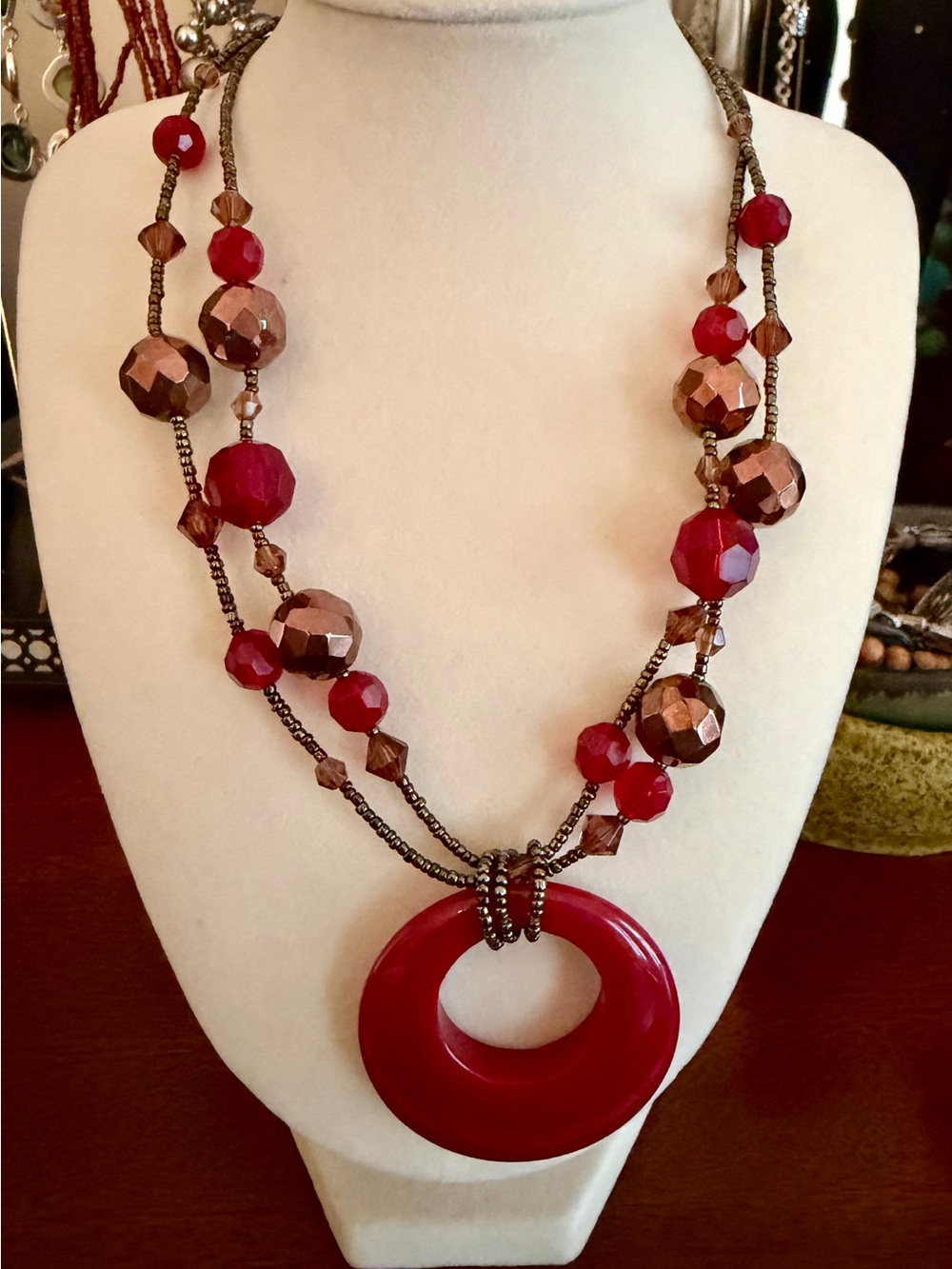 Lia Sophia Red and Bronze Layered Pendant Necklace